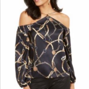 Navy Chain Printed Cold Shoulder Top